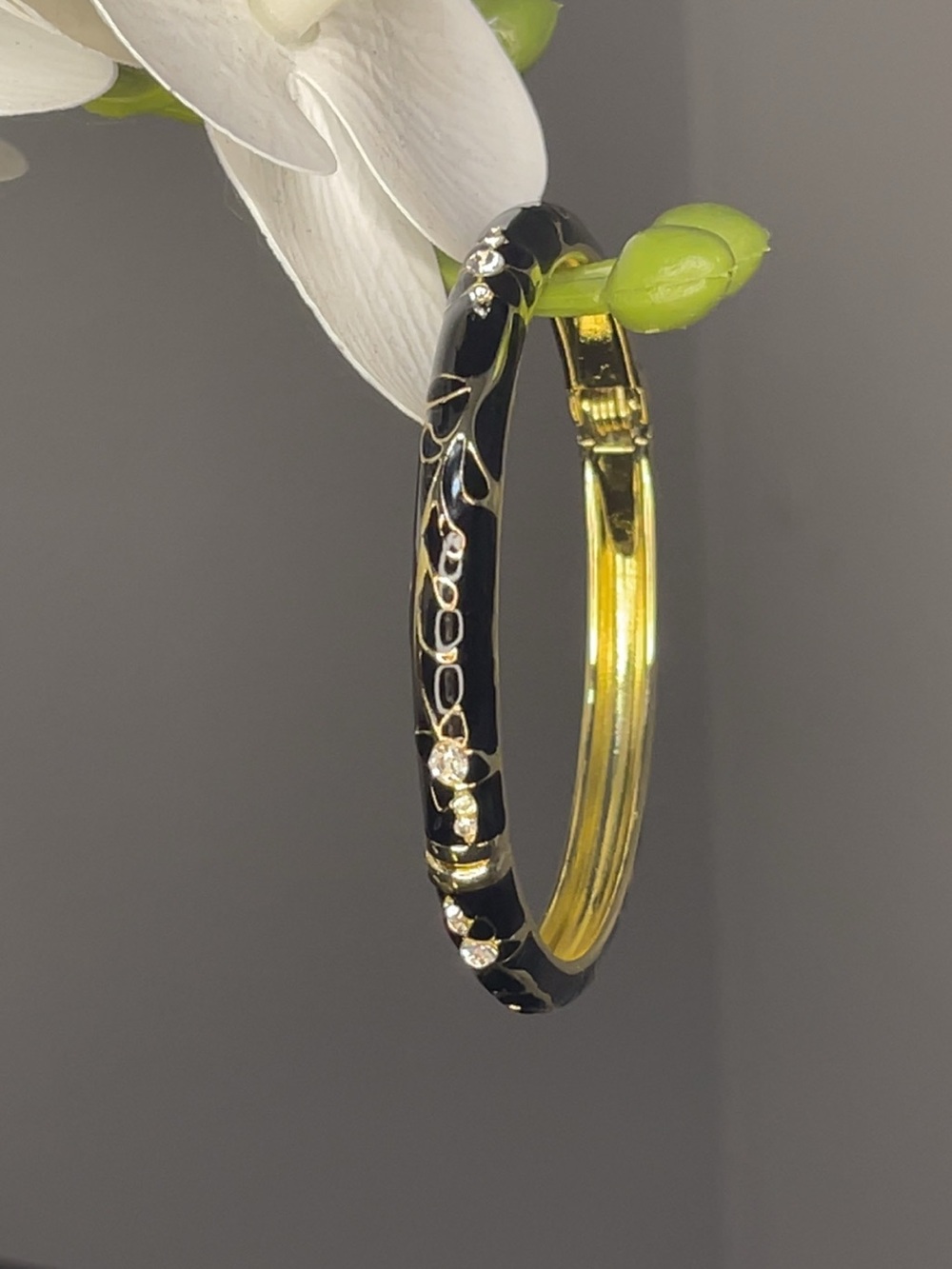 Gold and Black Enamel Hoop Earrings with Crystal Accents